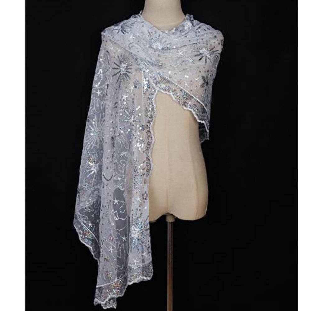 Boho Silver Star Lace Sheer Sequin‎ Embellished Wedding Bridal Shawl Wrap Scarf - Picture 3 of 5
